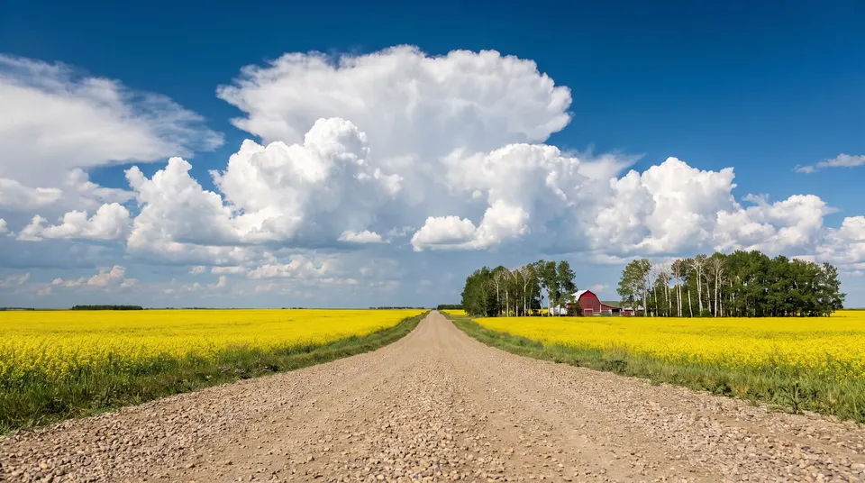Gravel road through yellow canola toward a red barn