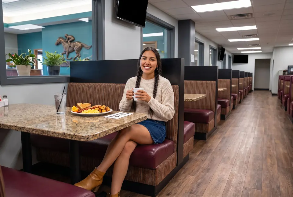 Woman at breakfast in an Evergreen Park restaurant booth