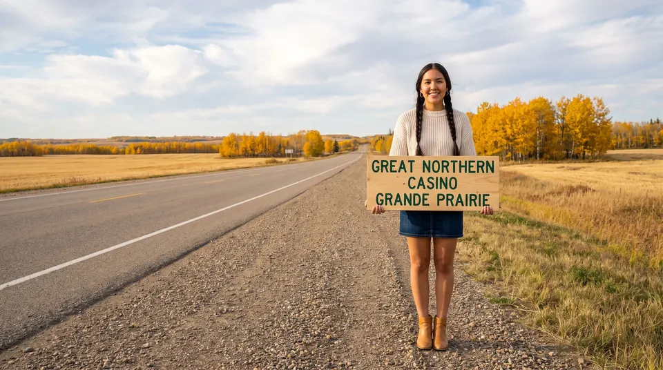 Woman with braids holding a Great Northern Casino sign by a highway