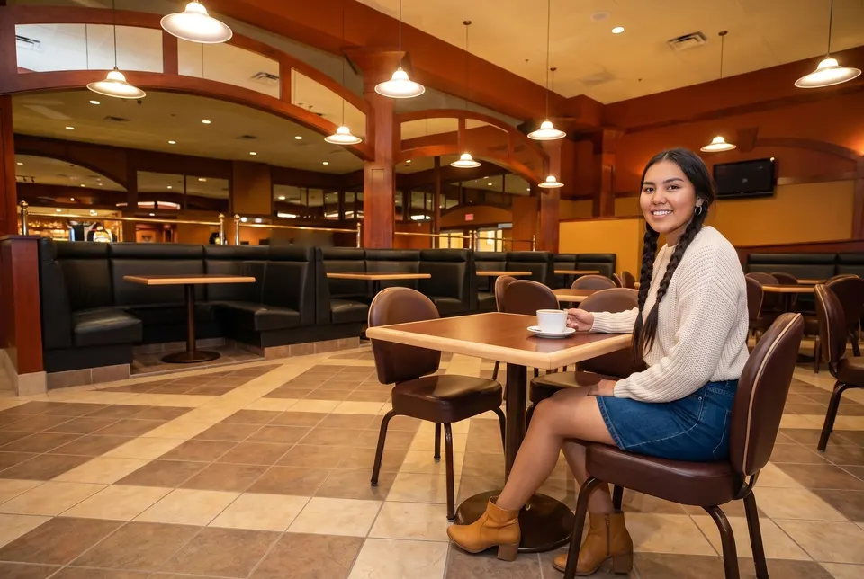 Woman at a table in the Wild Horse lounge