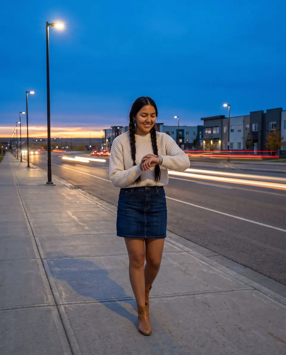 Woman on a city sidewalk at blue hour, checking her watch