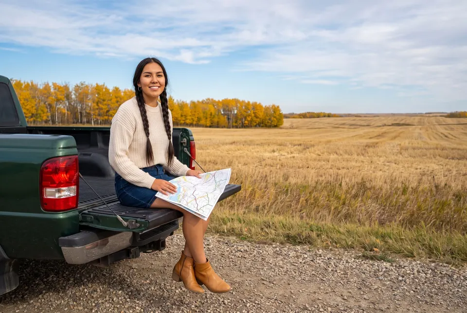 Woman on a pickup tailgate with a road map