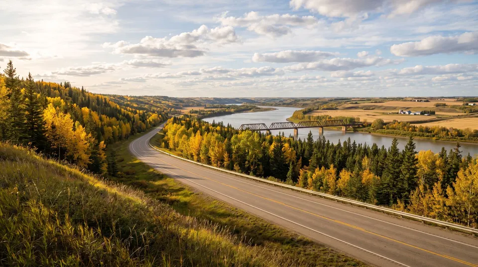 Highway curving down into a river valley with a truss bridge